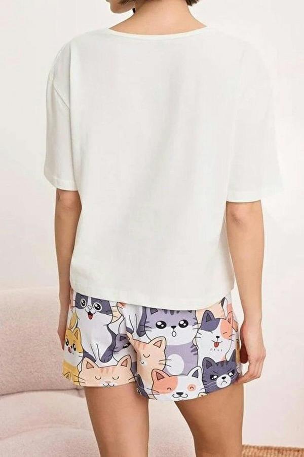 WOVCOR 2-Piece Cat Pattern Cotton Lycra Soft Knit Pajama Set