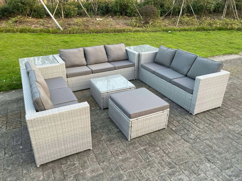 Fimous Rattan Outdoor Garden Furniture Set with 3 Sofas, Coffee Table, 2 Side Tables, 1 Footstool - 10 Seater - Light Grey