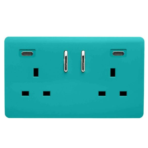 Trendi Switch 2 Gang USB 65W Type C USB Plug Socket in Bright Teal