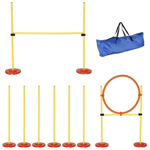 Yellow adjustable dog hurdle with red weighted bases and carry bag