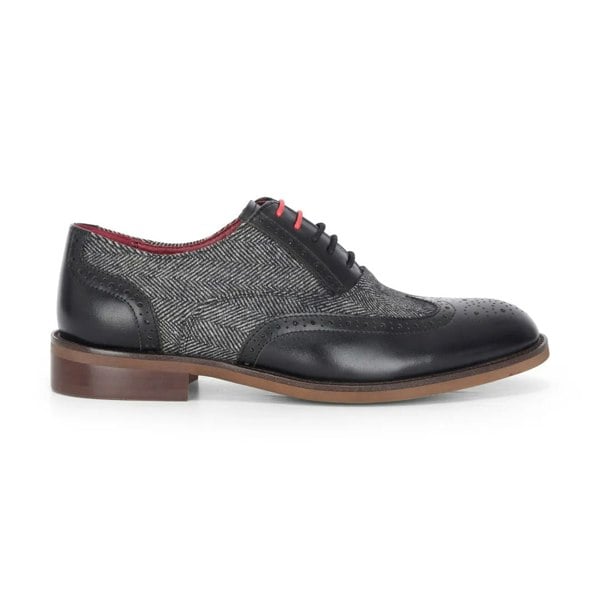 Justin Reess Albert - Men's Black Leather Tweed Detailing Brogue Shoes