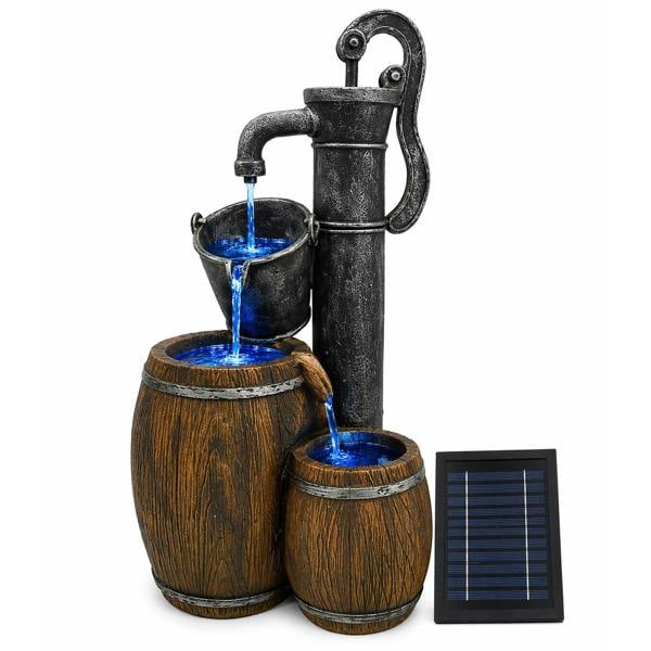 Gardenwize Solar Water Feature – 2 Tier Wooden Barrel Fountain with LED Lights & Battery Backup