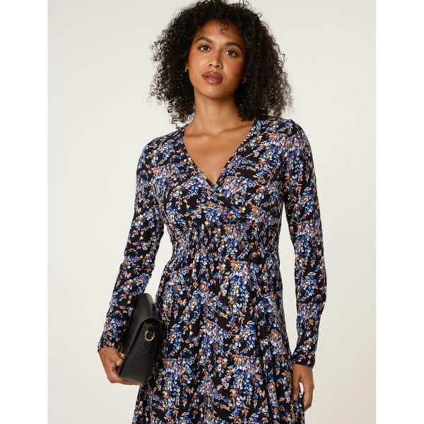 Blue Vanilla Floral V Neck Wrap Long Sleeve Midi Dress
