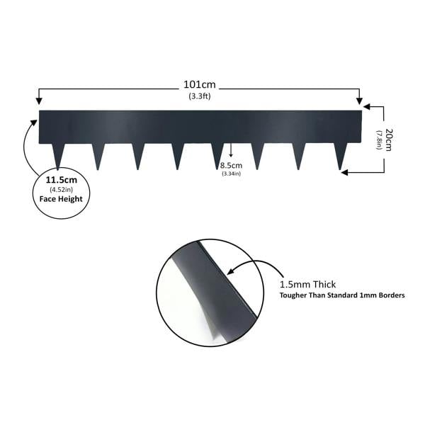 Measurement chart of 20cm high grey metal border strip with dimensions and thickness.
