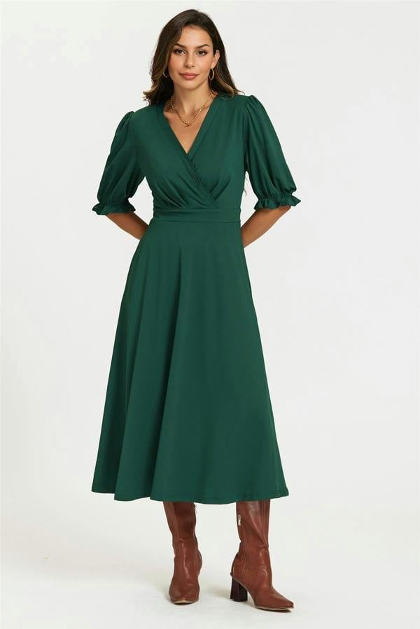 FS Collection Half Sleeves Jersey Midi Dress with Wrap Neckline In Green