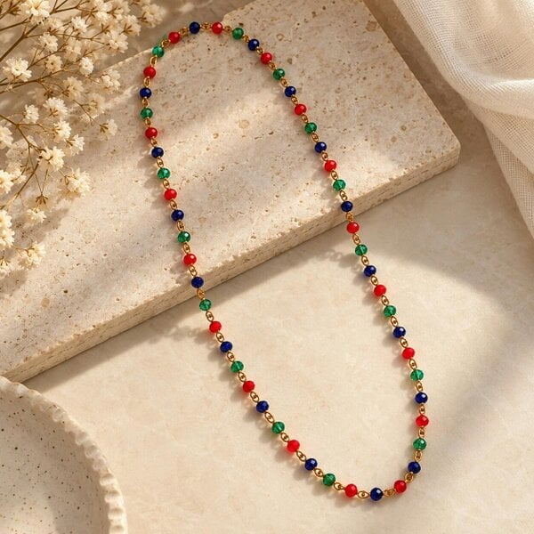 The Colourful Aura Red Blue Green Glass Bead Gold Plated Long Beaded Necklace 30 Inch