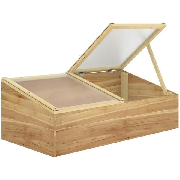 Wooden cold frame greenhouse with clear hinged polycarbonate top panels open