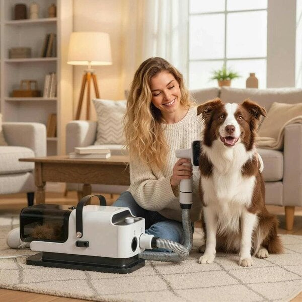 5 in 1 Dog Grooming Vacuum & Dryer w/ Clipper, 1.8L Canister, 4 Modes Blow Temperature - White