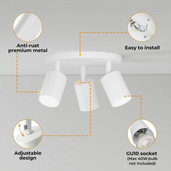 EMITTO 3-Way Spotlight Ceiling Light Adjustable GU10 Modern White Round Base