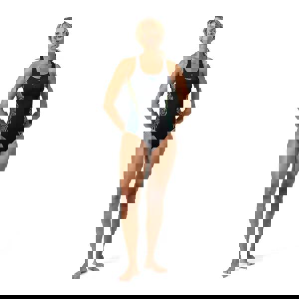 Black Speedo placement muscleback swimsuit with teal and white pattern, medium leg