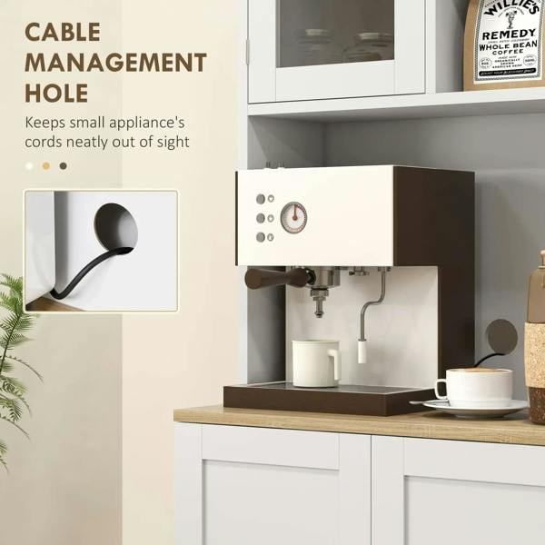 White kitchen storage cabinet with cable management hole and under-counter appliance shelf