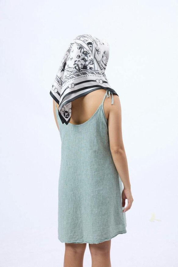 Monochrome Nautical Twill Silk Scarf – Printed Mulberry Silk, Hand-Rolled Hem