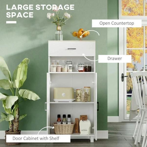White storage cabinet with open countertop, drawer, and door cabinet with inner shelf