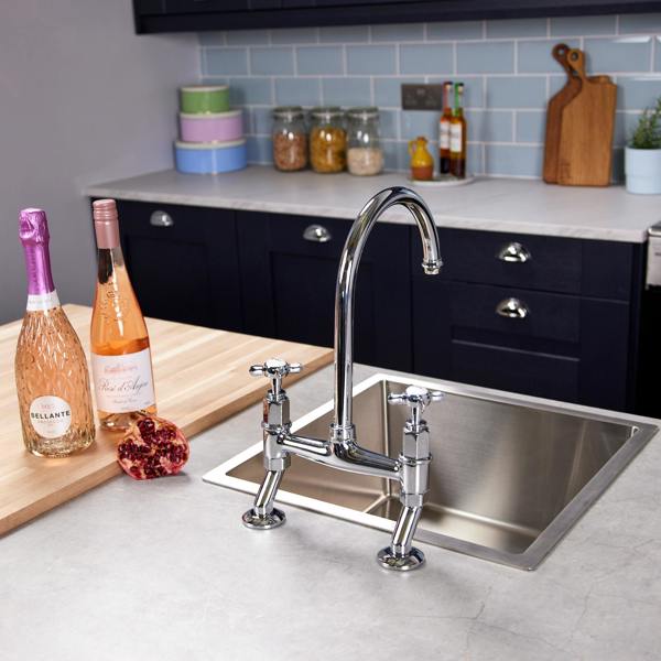 Flode Larvik | Kitchen Crosshead Bridge Mixer Tap | Polished Chrome Finish