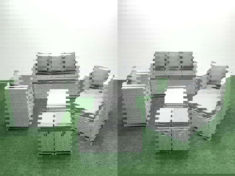 Fimous Rattan Garden Outdoor Furniture Sofa Set with Square Coffee Table 2 Chairs 3 Footstools Light Grey Mixed