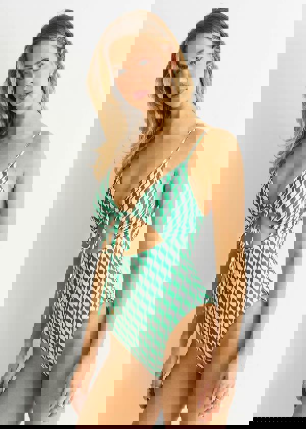 Gini London Green Wave Print Tie Front Swimsuit