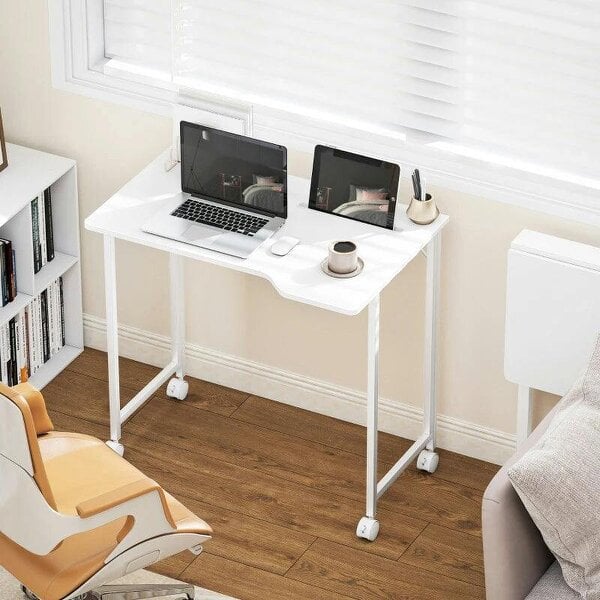 Small Folding Desk, with Wheels - White Wood-Effect - White