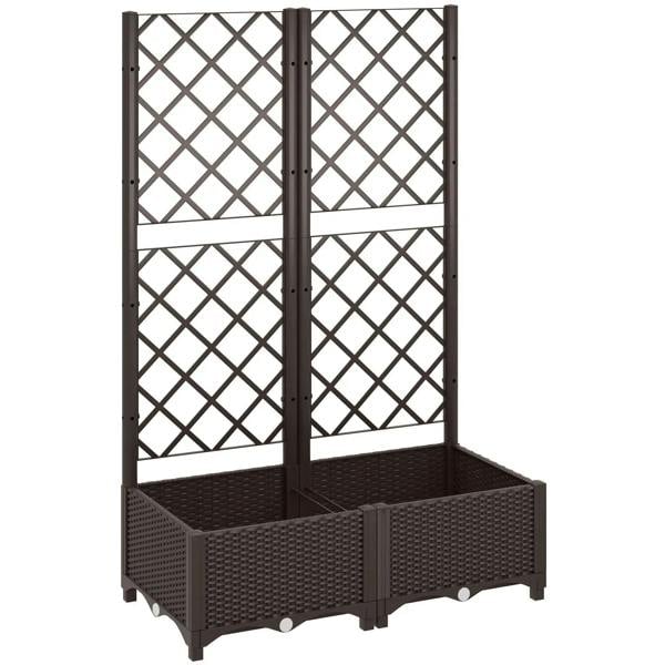 Brown plastic raised garden bed with trellis and two planter boxes, lattice sides