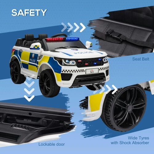 Bobobiy 12V Electric Car for Kids, Ride on Police Car with 2 Motors, Remote Control, Siren Flashing Lights, Auxiliary Wheels, for 3-6 Years, White