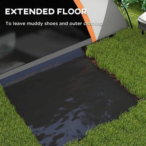 Orange-and-grey dome tent with extended dark floor for muddy-shoe area