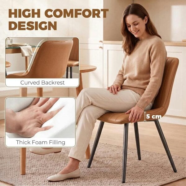 Bobobiy Faux Leather Upholstered Kitchen Chairs, Modern Dining Chairs Set of 2 with Metal Legs for Dining Room, Brown
