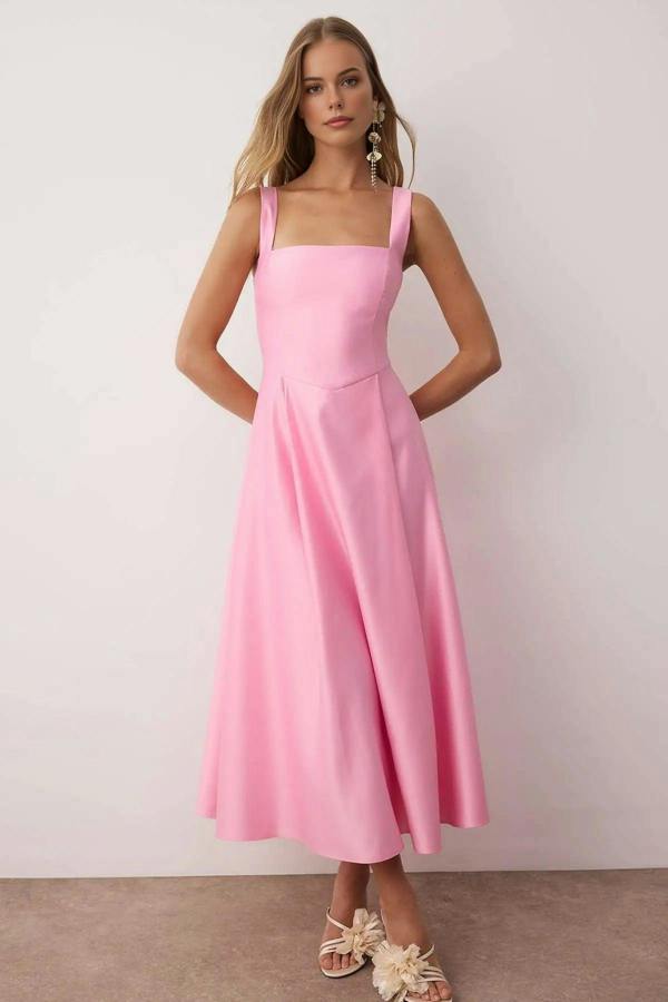 Square Neck Thick Strap A-Line Satin Maxi Dress