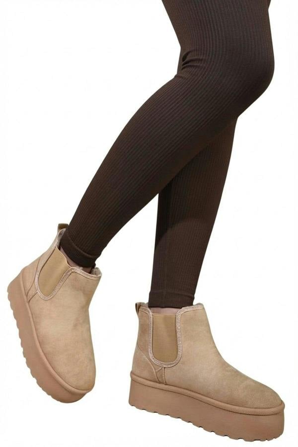 Edith Fluffy Platform Sole Chelsea Faux Fur Lined Ankle Boots - Mocha_wb