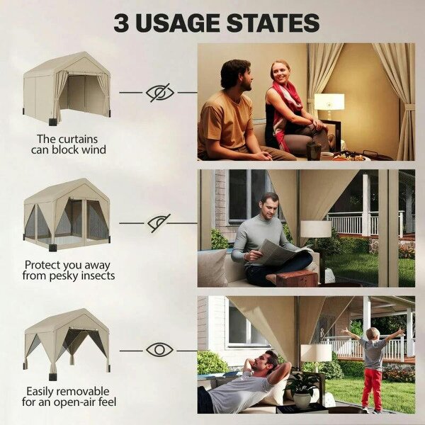 3 x 3 m Patio Gazebo with Netting & Curtains, Outdoor Canopy Shelter with Galvanised Steel Frame, Khaki