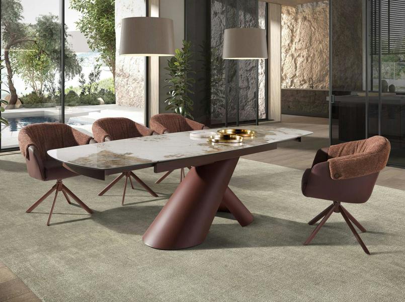 Angel Cerdá Extendable barrel oval dining table in porcelain marble and copper-brown steel 1194