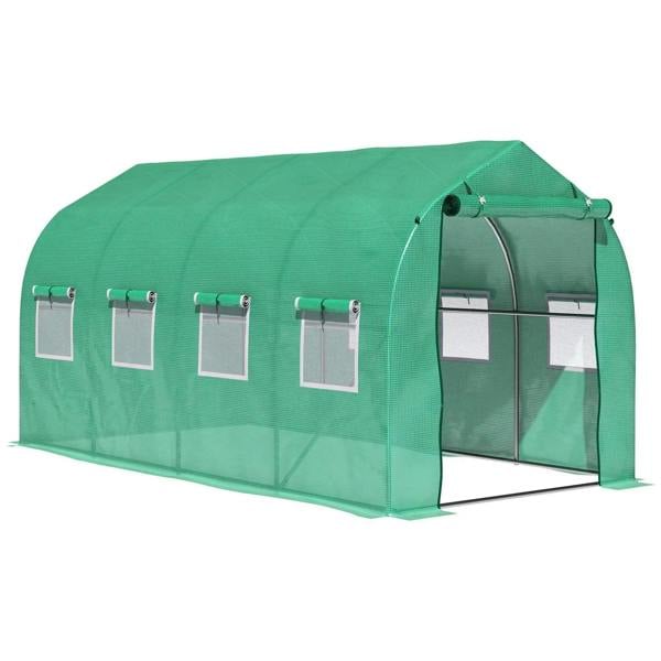 Green walk-in polytunnel greenhouse with side window panels and a zippered front door