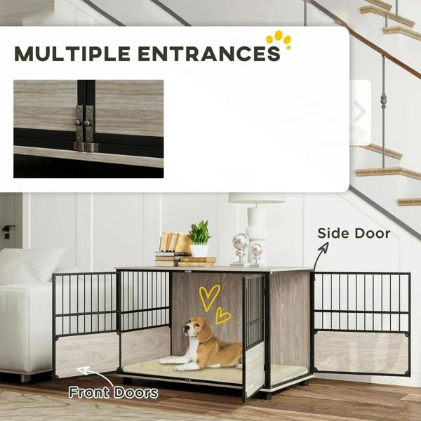 Brown wood dog crate end table with multiple entry doors and black metal fencing.