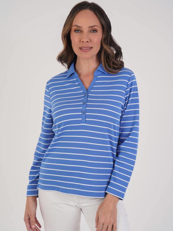 PennyPlain Notch Neck Top - Light Ultramarine/white