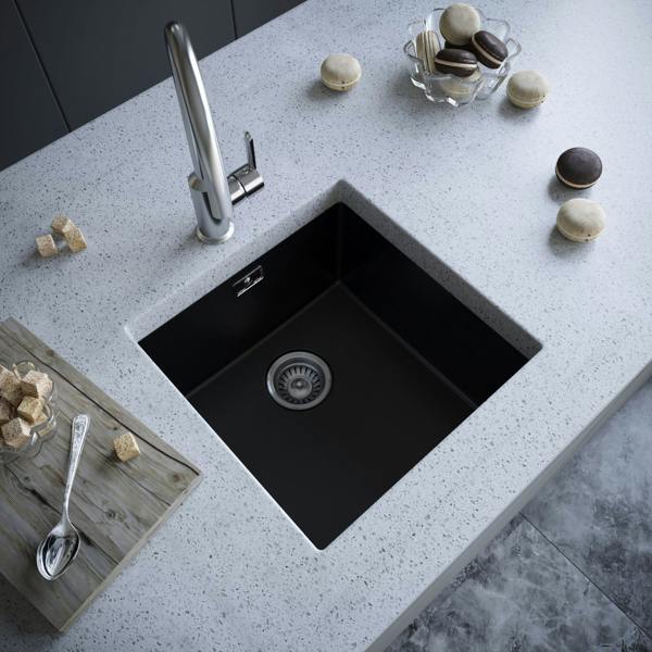 Flode Vänern | 1.0 Bowl Comite Kitchen Sink | 440mm x 440mm | Inset or Undermounted | Strainer Waste Supplied | Matt Black Finish