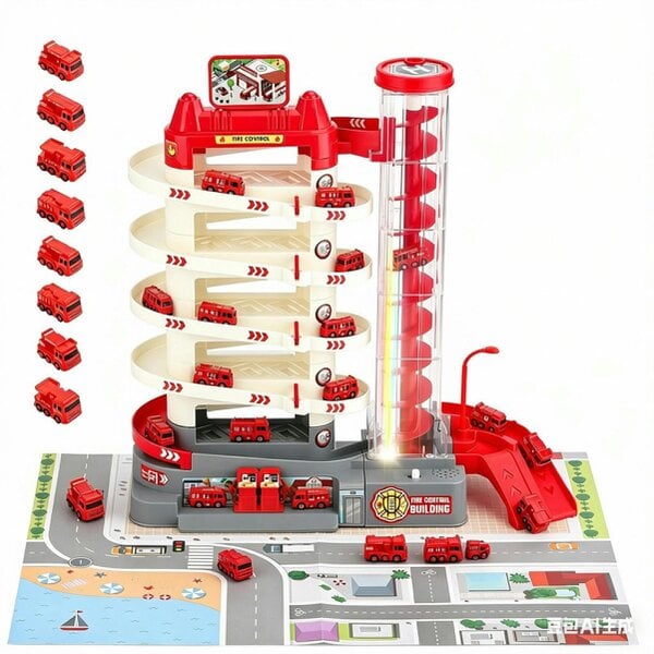 deAO Toys Fire Control Garage Toy Car Set with Sound, Lights, Electric Elevator and 8 Cars - Rescue Playset for Kids 3+