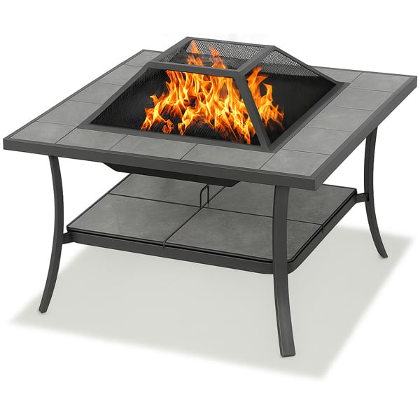 Centurion Supports SHANGO Premium Multi-Functional Black with Ceramic Tiles Outdoor Garden and Patio Square Heater Fire Pit Brazier and Outdoor Table