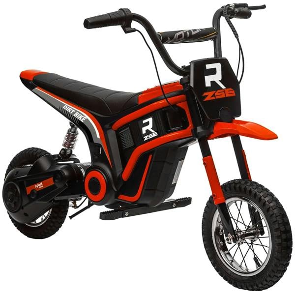 Red electric kids motorbike with knobby tires, front suspension, and handlebar grips