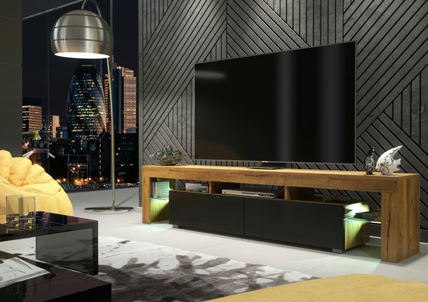 Mex Furniture Sleek 200 cm Modern TV Unit Cabinet Stand Oak Matt Black Doors with Free LED Lights