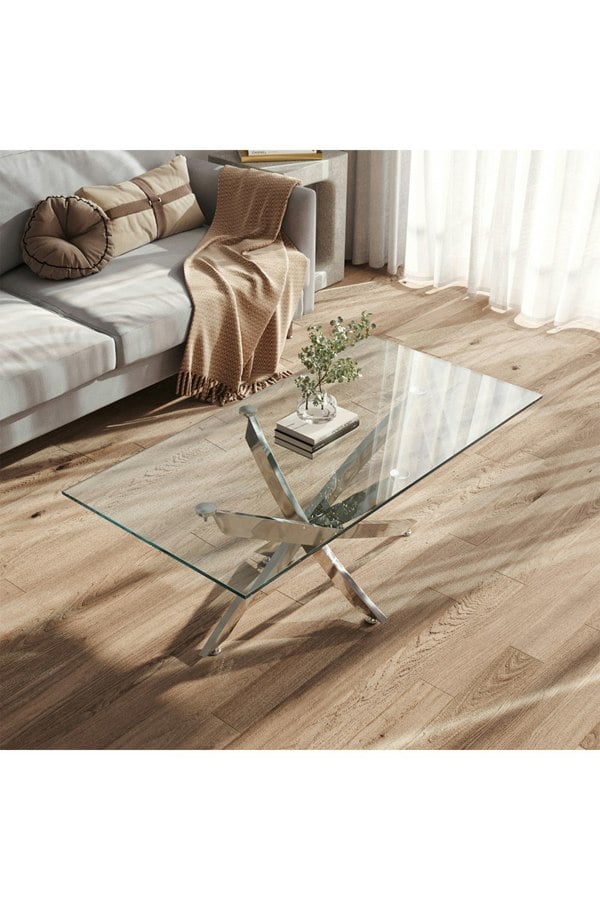 Living and Home 120 cm W x 60 cm D Rectangle Clear Tempered Glass Top Coffee Table with Chrome Legs