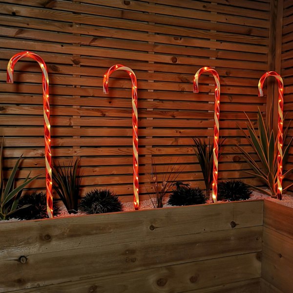 Samuel Alexander Set of 4 XL Light up Red & White Stripe Christmas Candy Cane Garden Stakes with LEDs