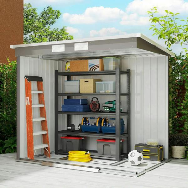 Grey galvanised steel garden shed with open doors, interior shelves and tools storage