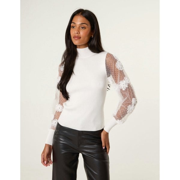 Blue Vanilla Turtle Neck Jumper With Mesh Polka Dot And Flower Detailed Sleeve