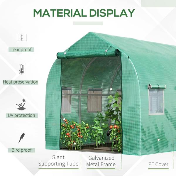 Green polytunnel greenhouse with transparent side panels, zip door, and metal frame