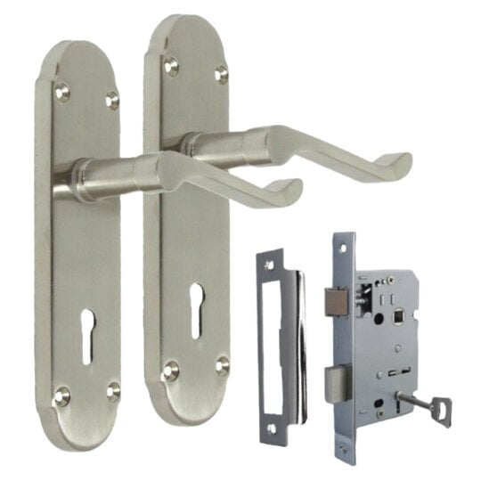 EDH Door Hardware Epsom Satin Nickel Door Handle Set Internal Handles with Bathroom Sash Lock 170