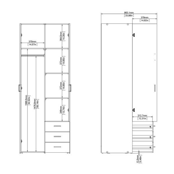 Wyld Haus Berlin Oak Effect Wardrobe 2 Doors, 3 Drawers 1 Shelf