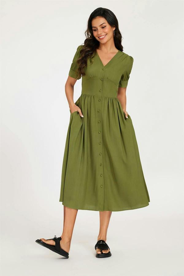 FS Collection Button Front Short Sleeve Midi Dress In Khaki Green