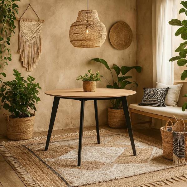 Wyld Haus Saffron Round Black and Natural Oak Veneer Dining Table