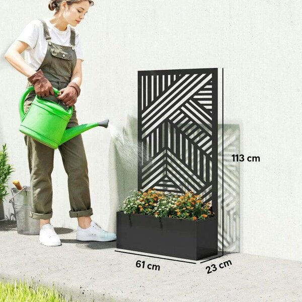 Metal Garden Bed for Garden with Trellis, Raised Garden Bed with Privacy Screen, Geometric Slatted Cut-Out