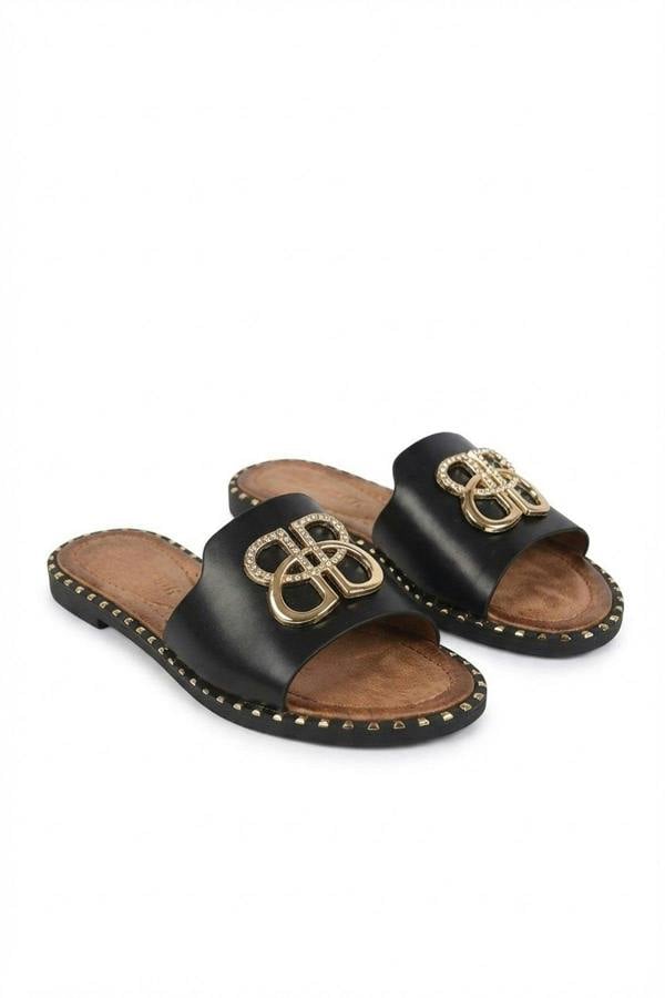 Abby Sparkle Buckle Gold Studded Flat Sandals - Black_wb