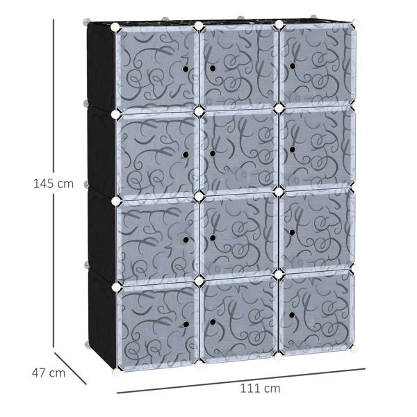 Modular wardrobe storage cabinet with blue-gray patterned compartments and black side panels