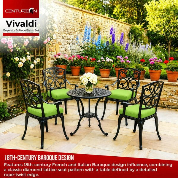 Centurion Supports VIVALDI Black 5-Piece Cast Aluminium Garden Bistro Set - with Green Cushions